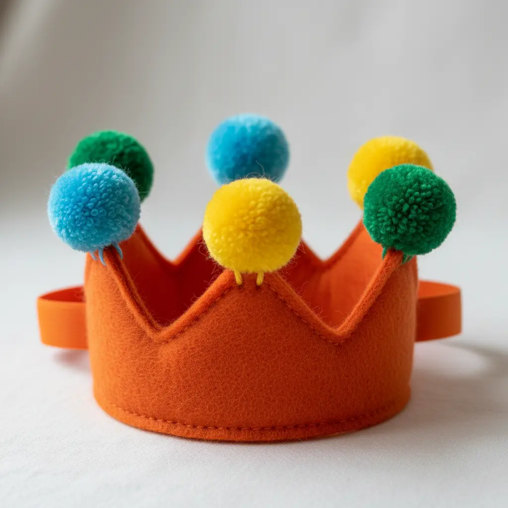 An orange felt crown with rainbow pom-poms attached to each point and a soft elastic chin strap.