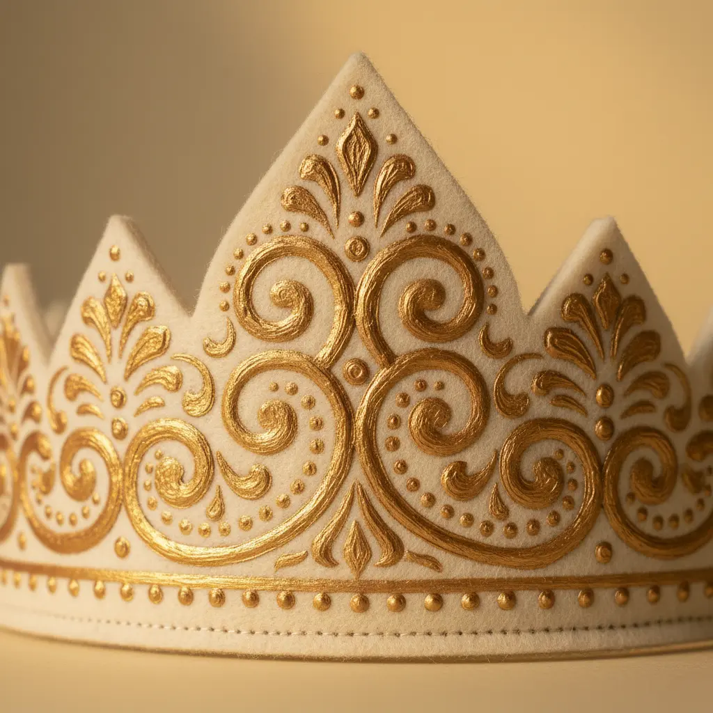 A cream felt tiara painted with metallic gold swirls and dots, giving an antique jewelry appearance without metal.