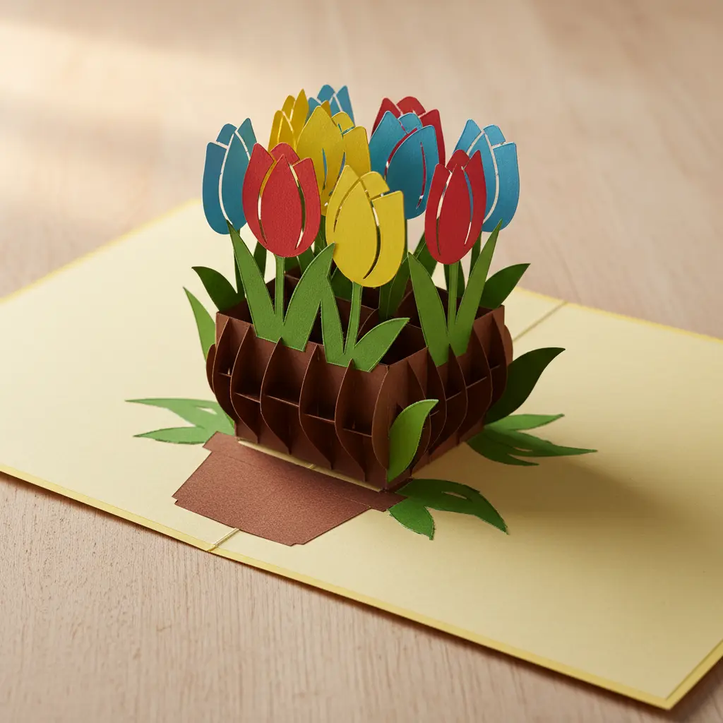 An open greeting card revealing a 3D pop-up garden of red and yellow paper tulips emerging from a brown paper pot, with a blue sky background.