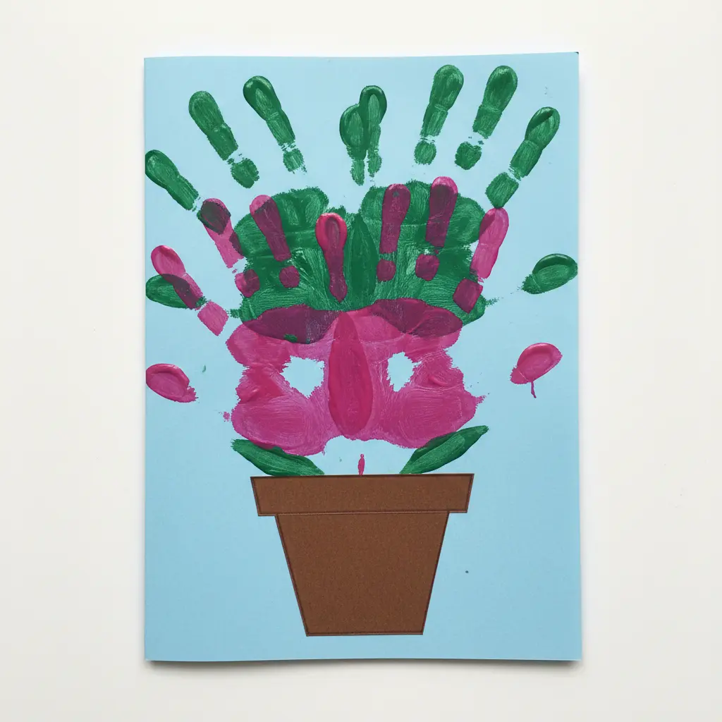 A homemade card featuring a child's painted handprints as flowers, arranged inside a cut-out construction paper flower pot, with a heartfelt message.