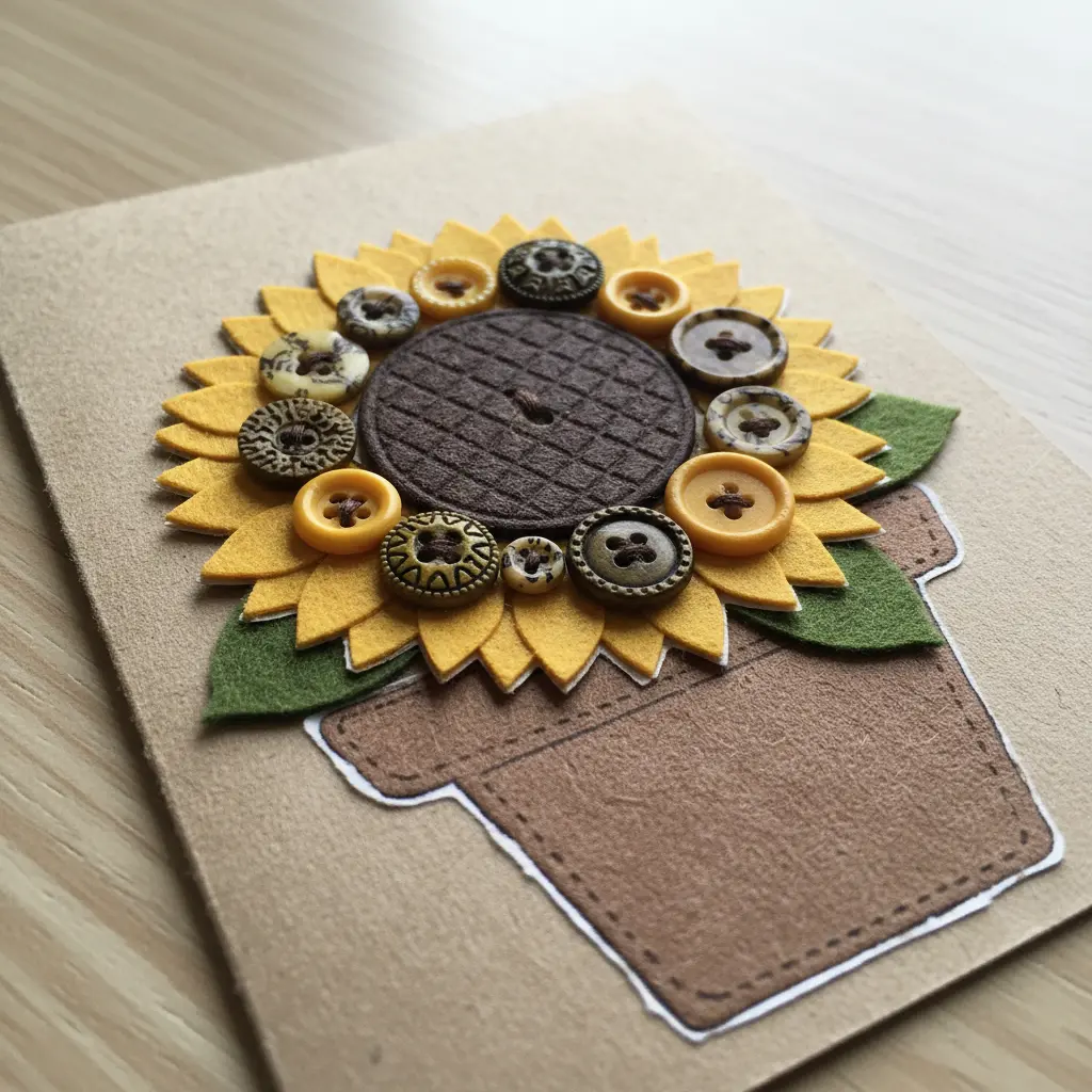 A textured brown card resembling a clay flower pot, with a large sunflower made from yellow and brown buttons glued in a circle, with green felt leaves.