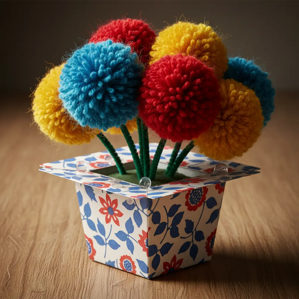 A cute spring card shaped like a white planter box, overflowing with colorful handmade pom-poms attached to green pipe cleaner stems, with a tiny paper bow.