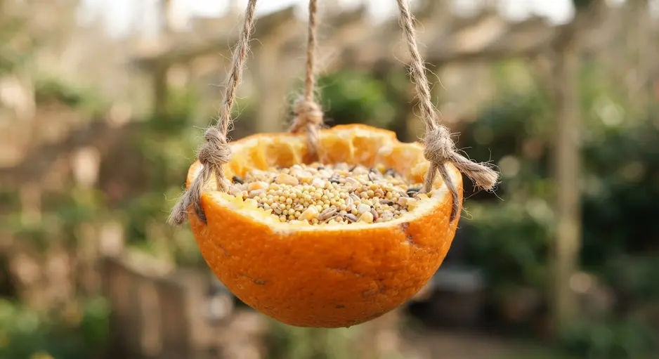 A bright orange half-shell filled with birdseed, suspended by twine in a garden.