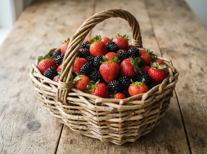 A hand-woven willow basket overflowing with strawberries and blackberries, placed on a garden stump.