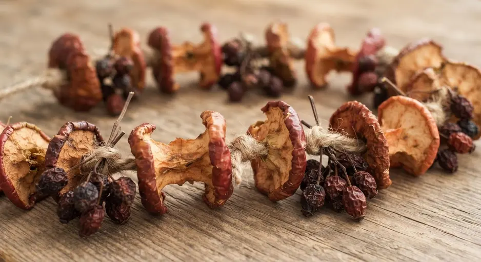 A natural garland made from red apple cores and dried berries hanging between two branches.