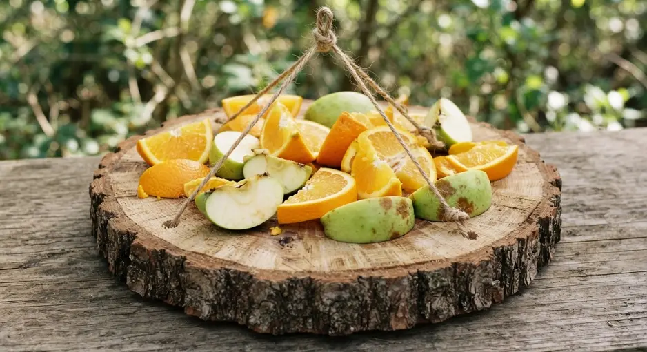 A rough-cut wooden disc with slices of apple and orange arranged for birds on a fence post.