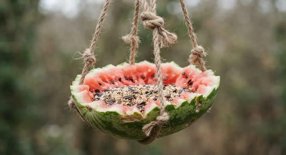 A hollowed-out watermelon half acting as a bowl, swinging gently from two ropes tied to a tree limb.