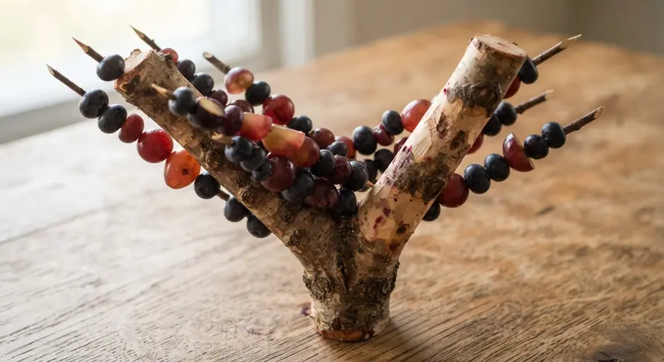 A sturdy, forked branch stuck in the ground with blueberries and grapes impaled on its smaller twigs.