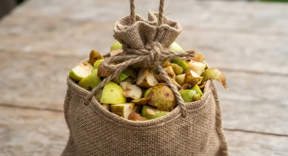 A coarse burlap pouch tied with jute twine, filled with apple and pear scraps, hanging from a hook.