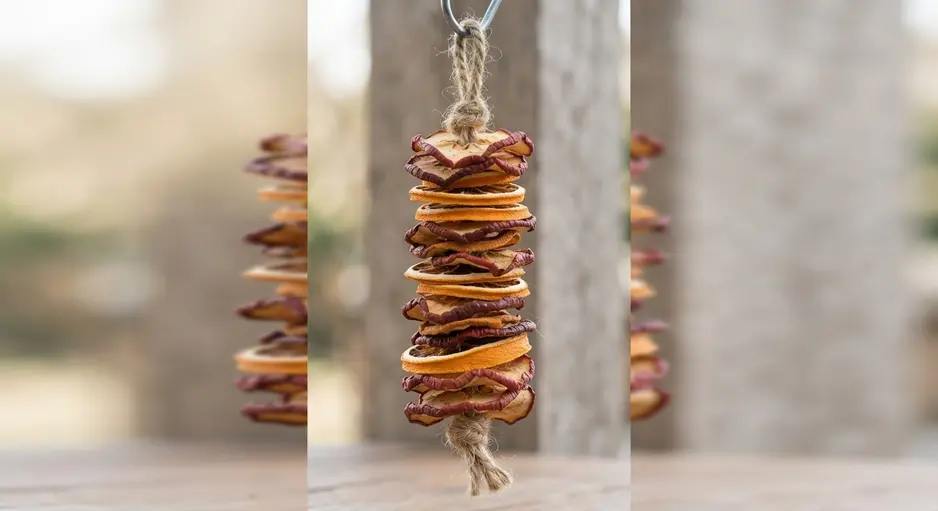 Apple and orange slices threaded onto a long vertical piece of sisal rope, creating a colorful column.