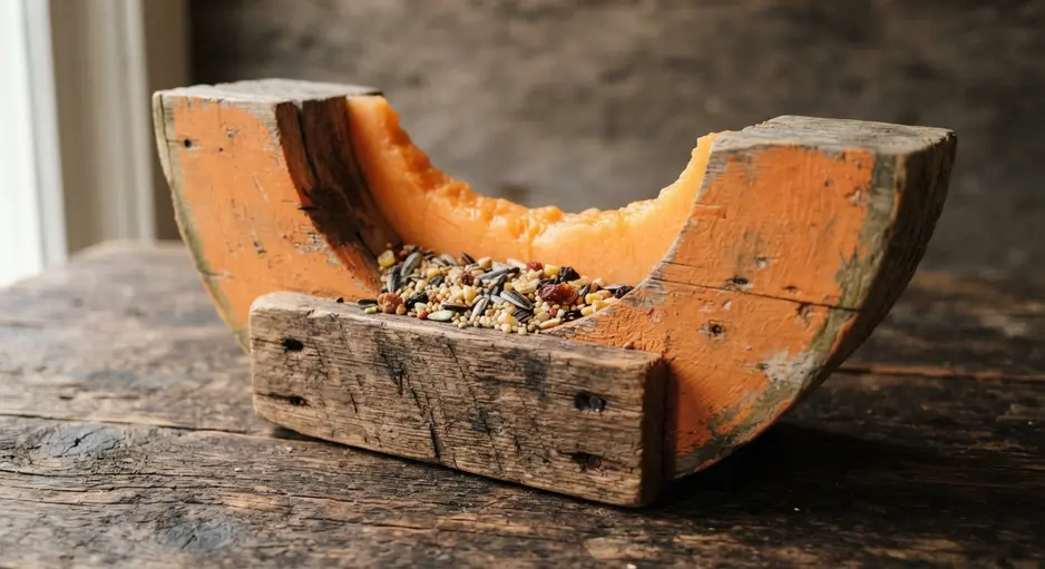 A shallow wooden tray made from reclaimed lumber, holding a fresh wedge of orange cantaloupe.