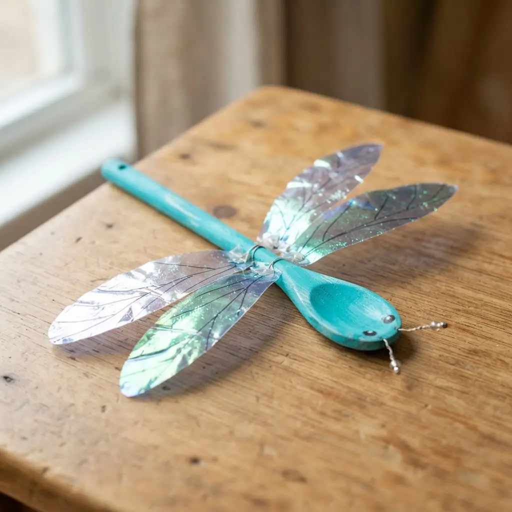 A colorful garden dragonfly with a wooden spoon body and shimmering plastic wings.