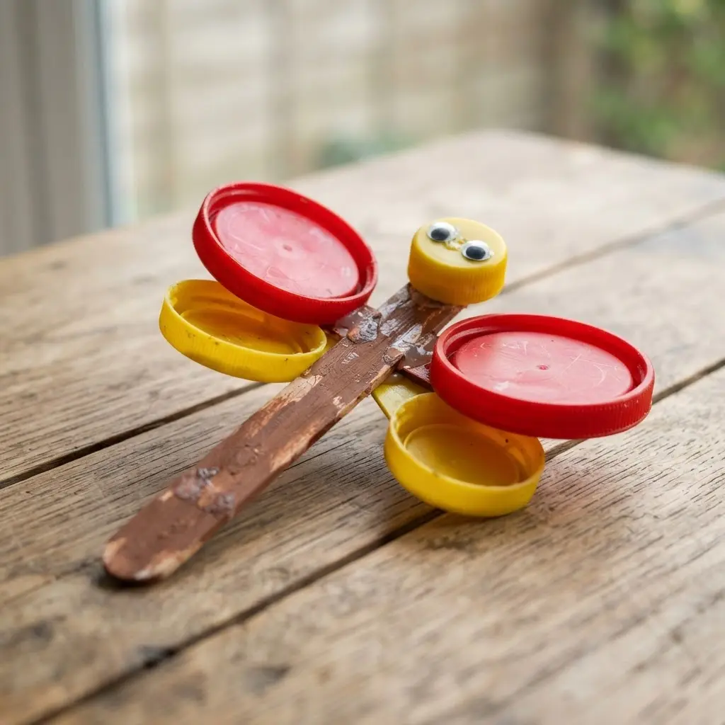 A bright and cheerful dragonfly constructed from plastic lids and wooden sticks.