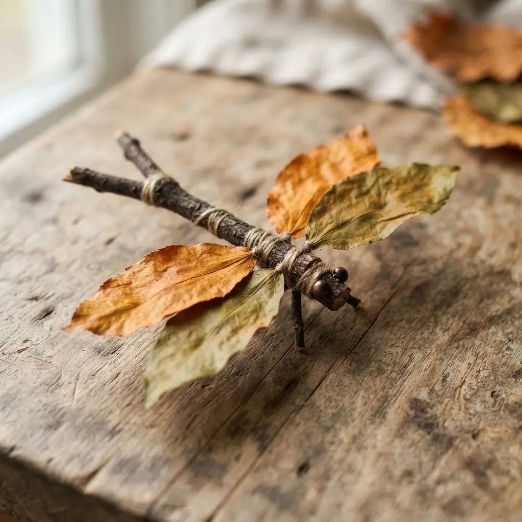 A natural dragonfly sculpture made from a twig body and dried leaf wings.