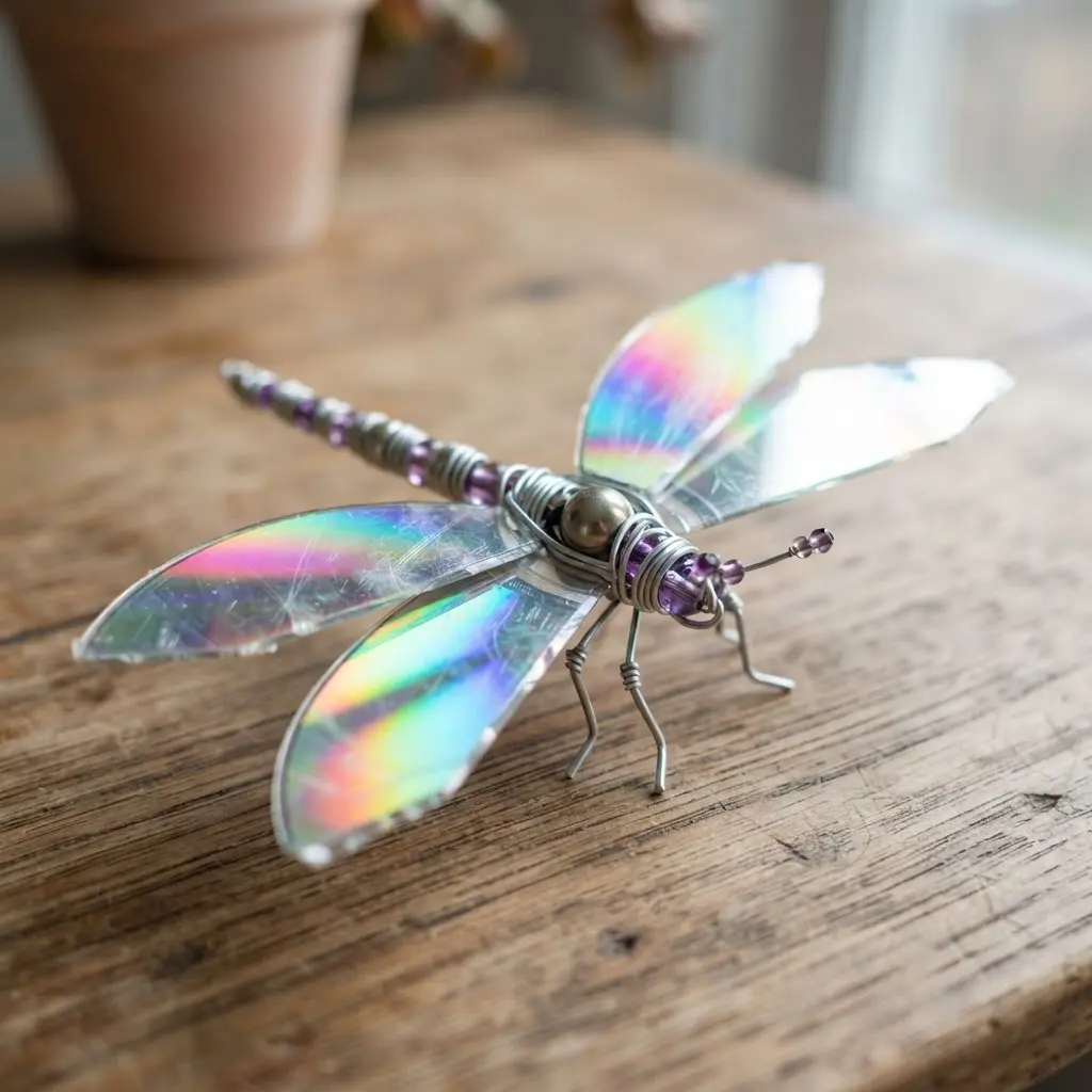 A glittering dragonfly craft featuring wings made from a recycled compact disc.
