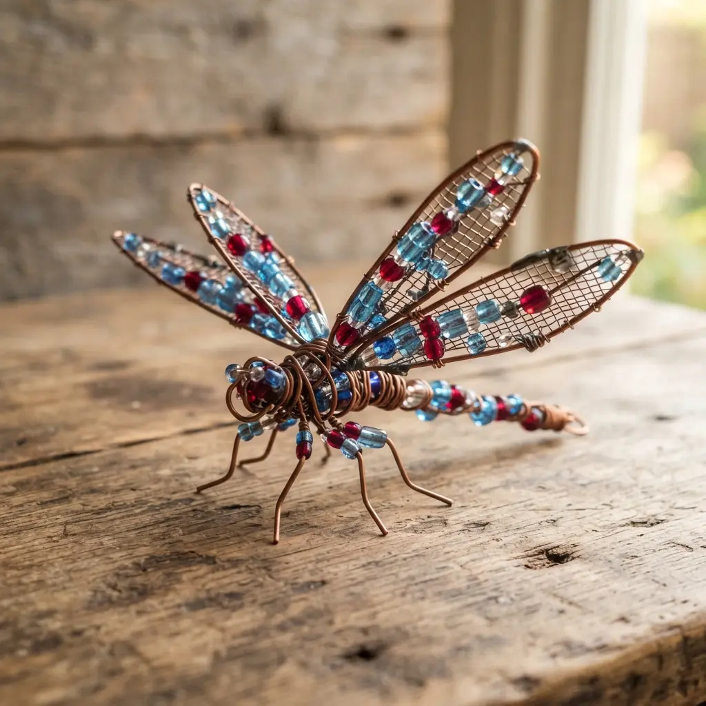 An intricate wire and bead dragonfly with a delicate, textured body.