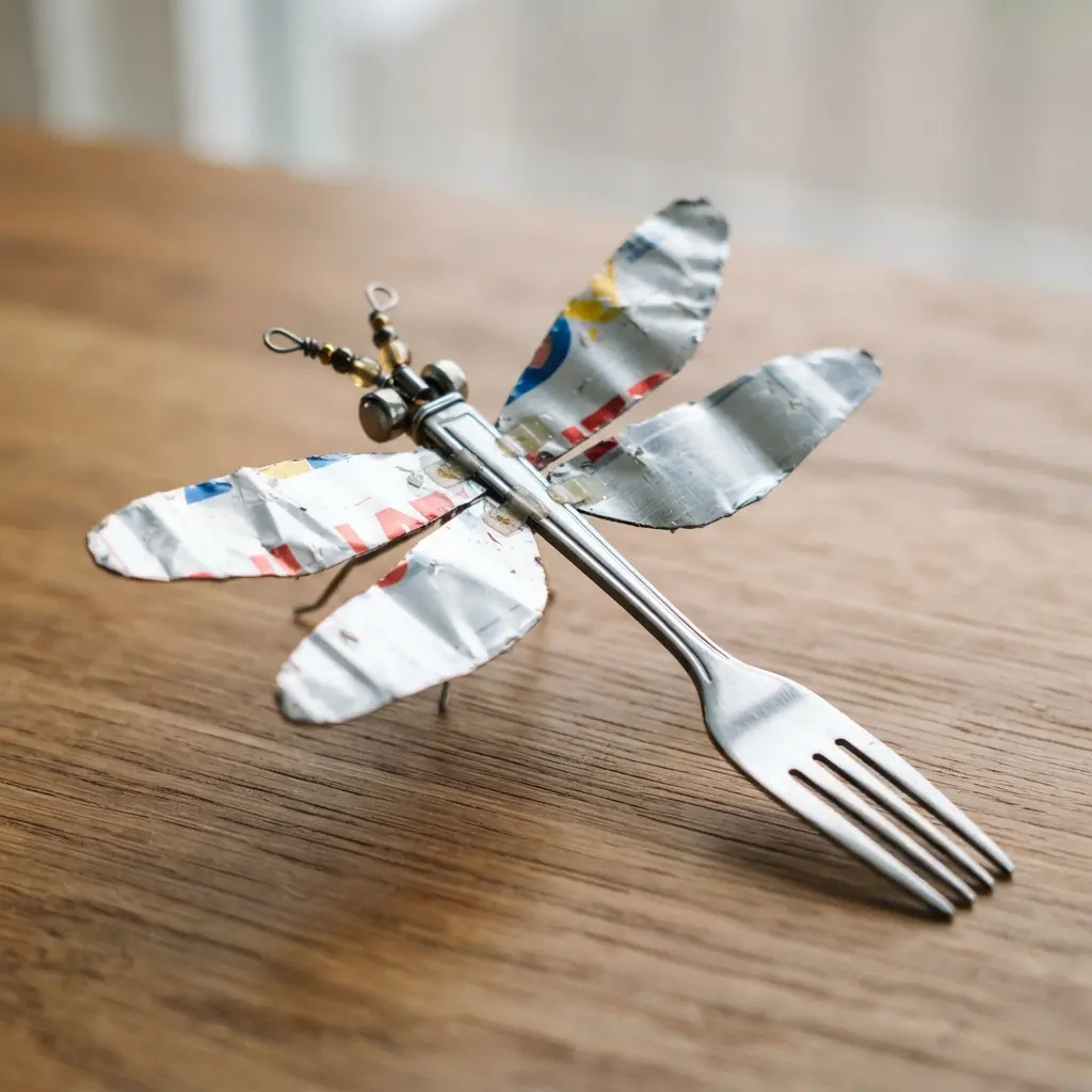 A shiny, metallic dragonfly crafted from an old fork and soda can wings.
