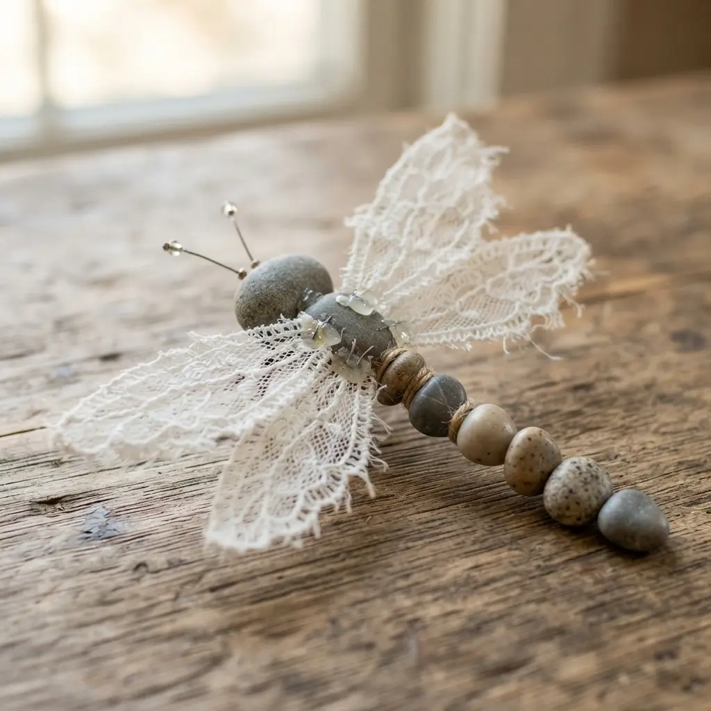 A garden dragonfly combining a natural stone body with elegant lace wings.