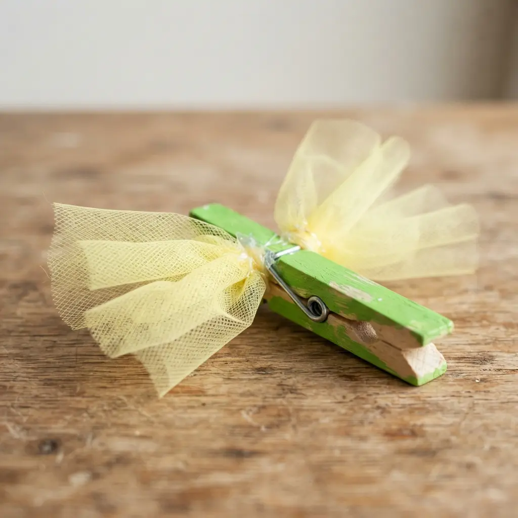 A bright, whimsical dragonfly with a clothespin body and soft tulle wings.