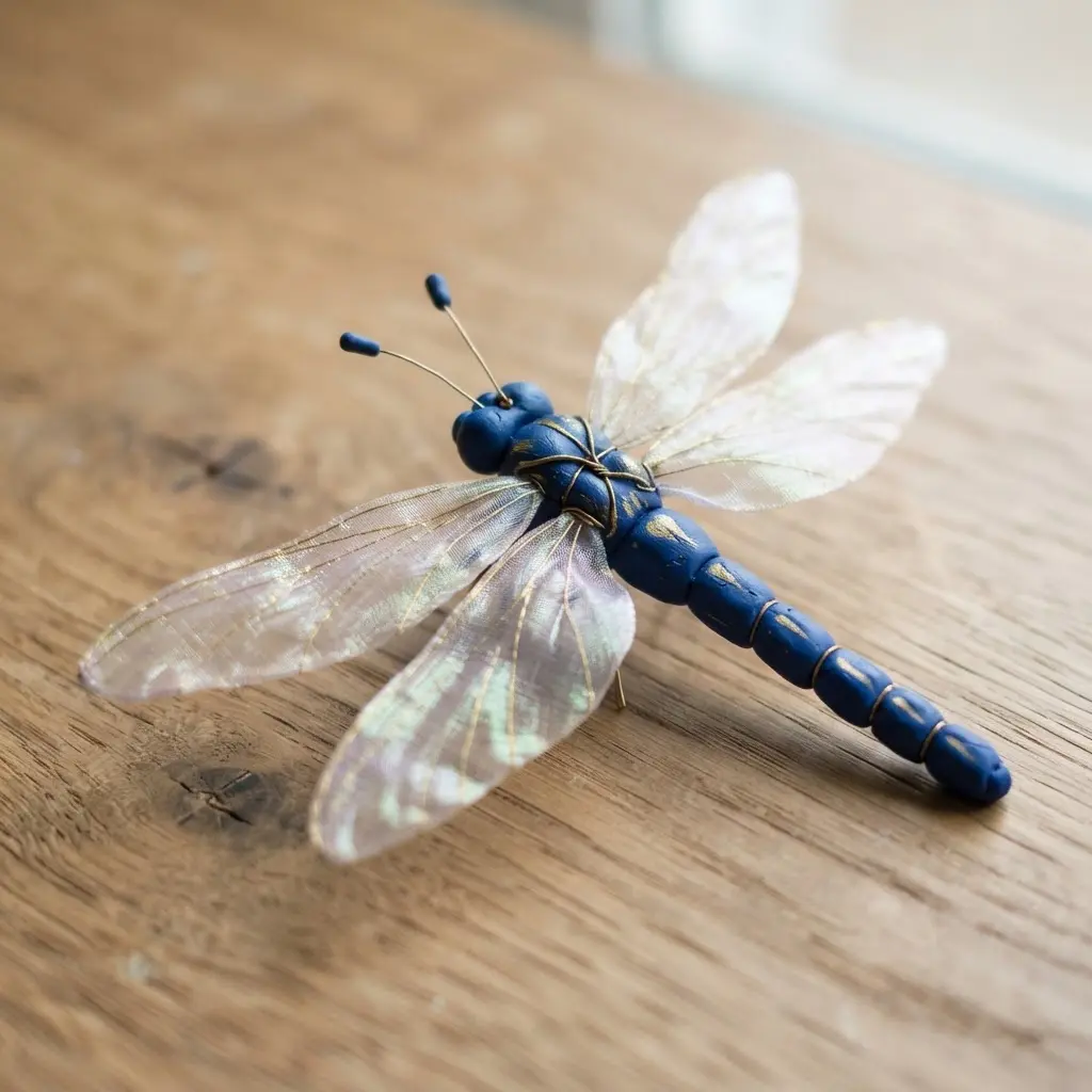 An elegant handmade dragonfly featuring a detailed clay body and translucent wings.