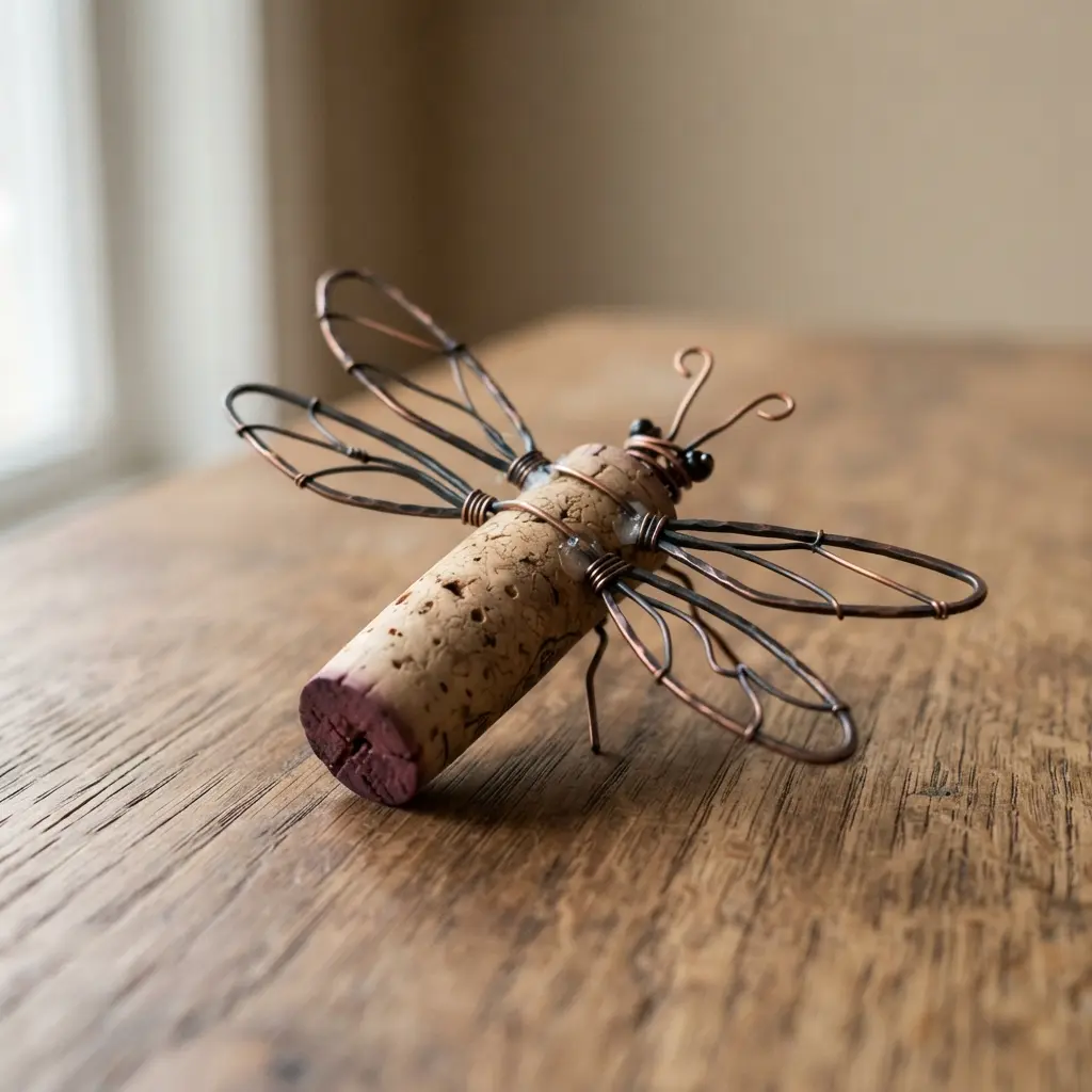 A simple, rustic dragonfly made from an upcycled cork and thin wire.