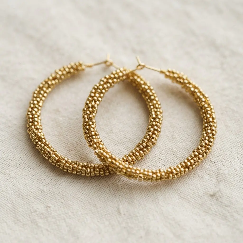 A pair of thin gold hoop earrings densely covered in miniature gold seed beads, creating a smooth, textured metallic surface.