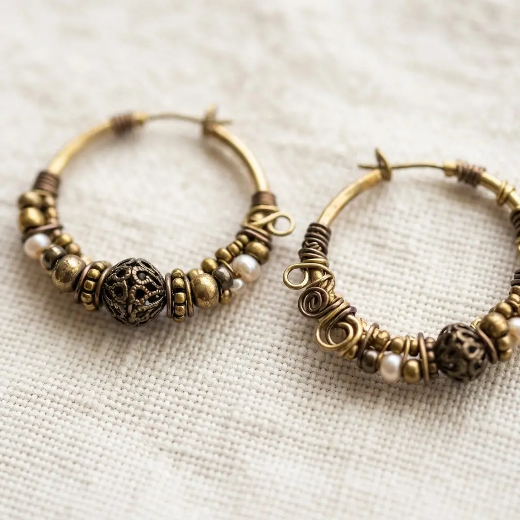 Ornate vintage-inspired gold hoop earrings with detailed filigree metal beads and intricate wire wrapping techniques.
