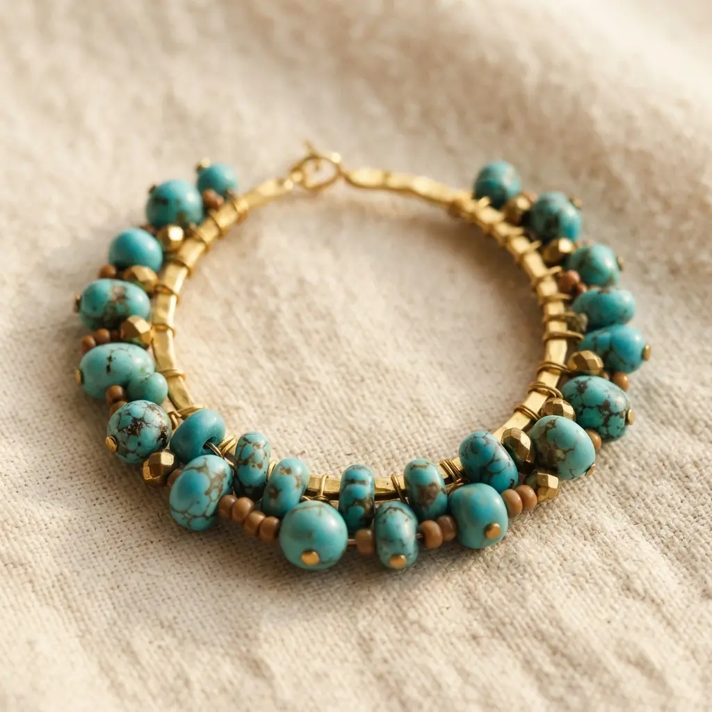 Statement gold hoop earrings with a mix of matte turquoise stone beads and small gold bead accents, evoking a boho-chic style.