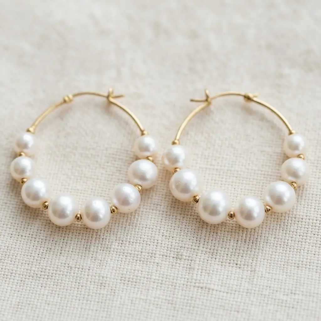 Simple gold hoop earrings with round, glossy white pearls symmetrically strung onto the lower arc of the wire.