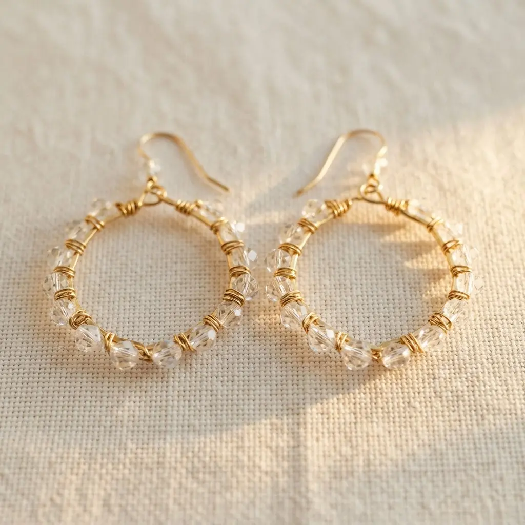 Geometric gold wire hoop earrings featuring sparkling, clear faceted crystal beads in a precise, symmetrical pattern.