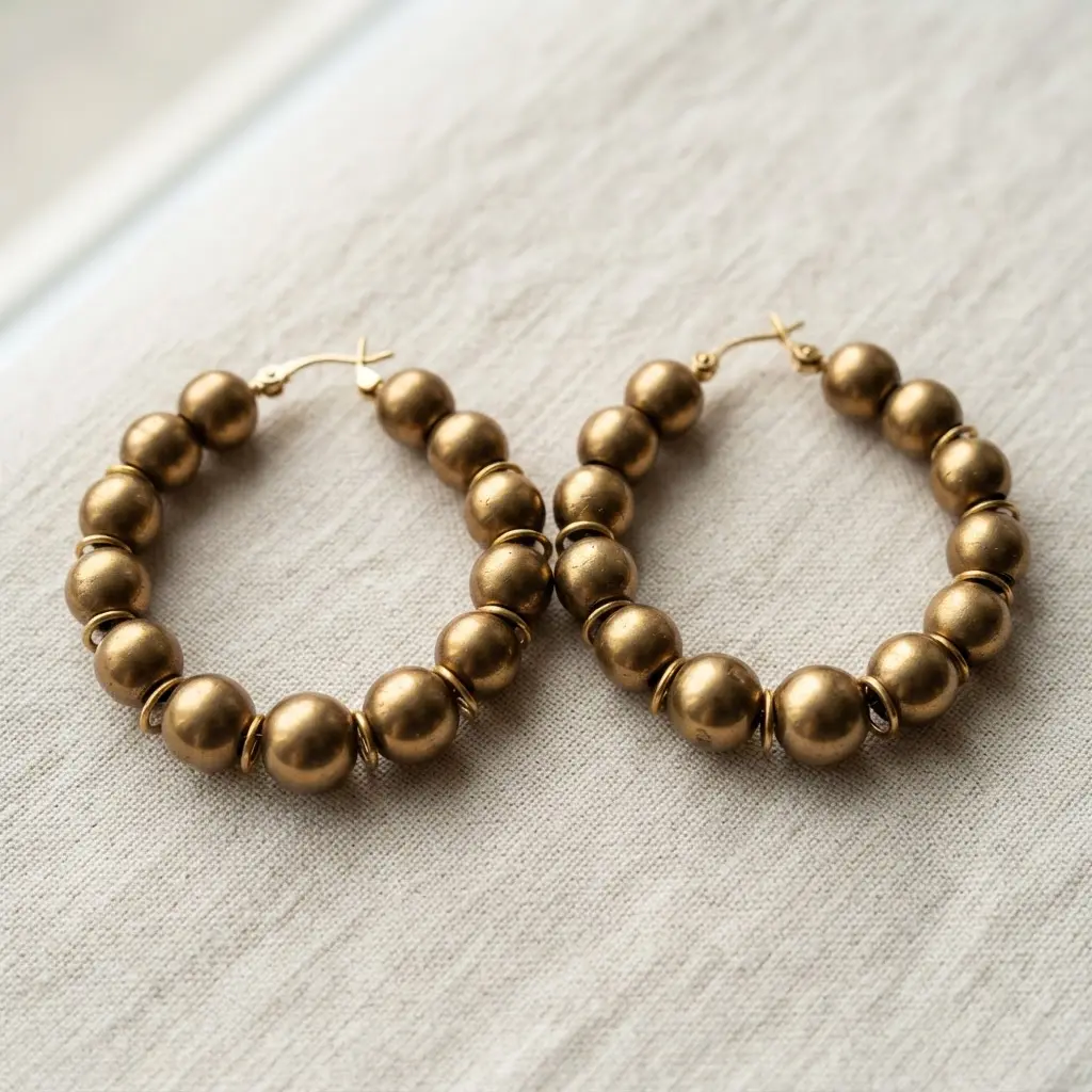 Bold, chunky hoop earrings made of large, round gold metal beads connected with sturdy jump rings for a solid look.