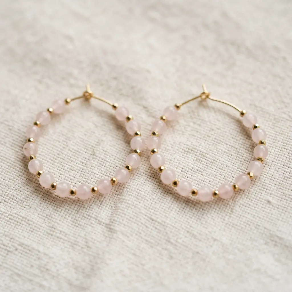 Delicate gold hoop earrings with smooth, pale pink rose quartz beads alternating with tiny gold bead spacers.