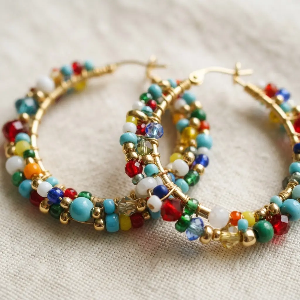 Fun and vibrant gold hoop earrings densely packed with glass beads in various colors, shapes, and sizes.