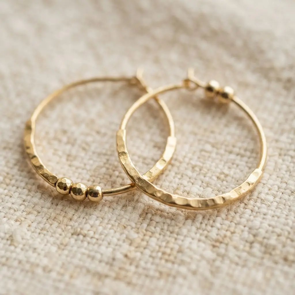 Gold hoop earrings featuring a textured, hammered finish on parts of the wire, complemented by a few minimalist gold beads.