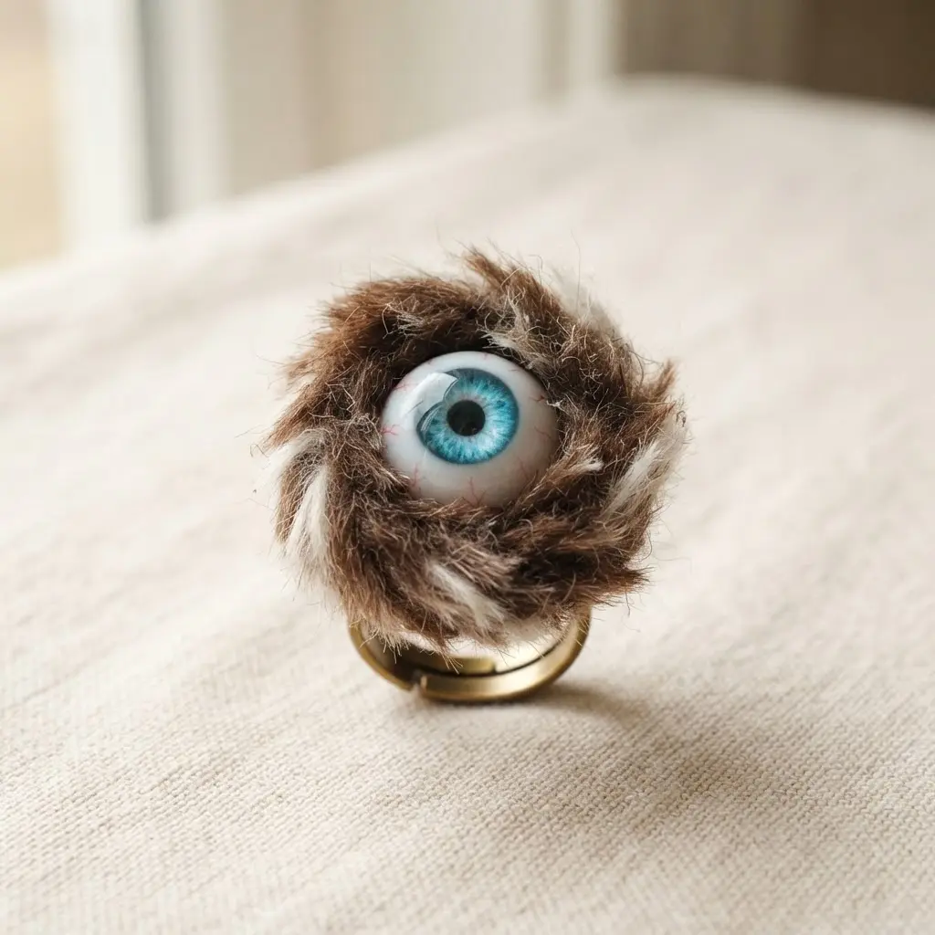 A close-up of a realistic human iris eyeball ring surrounded by shaggy brown faux fur.