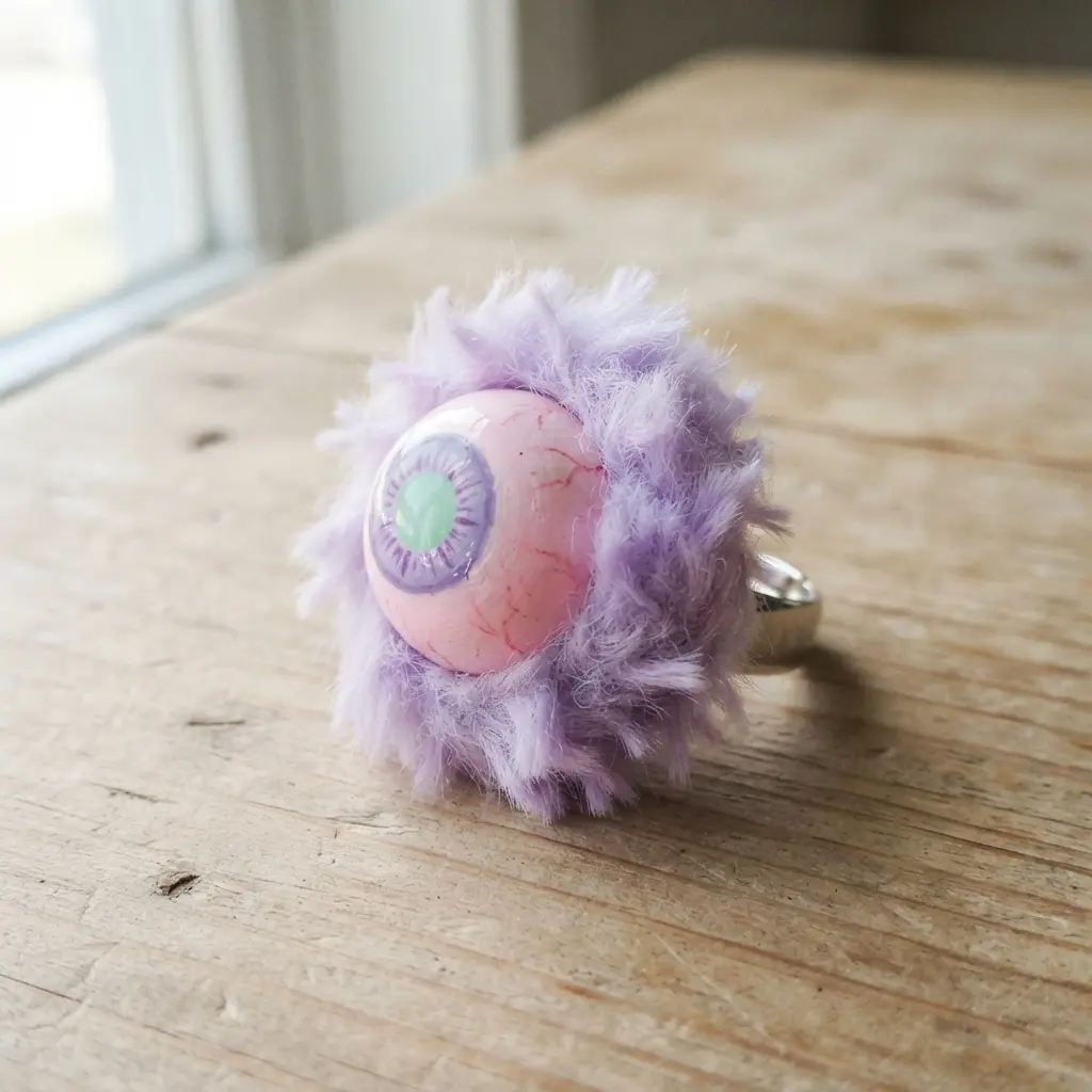 A pastel goth style eyeball with a lavender iris and pink sclera, surrounded by fluffy light purple fur.