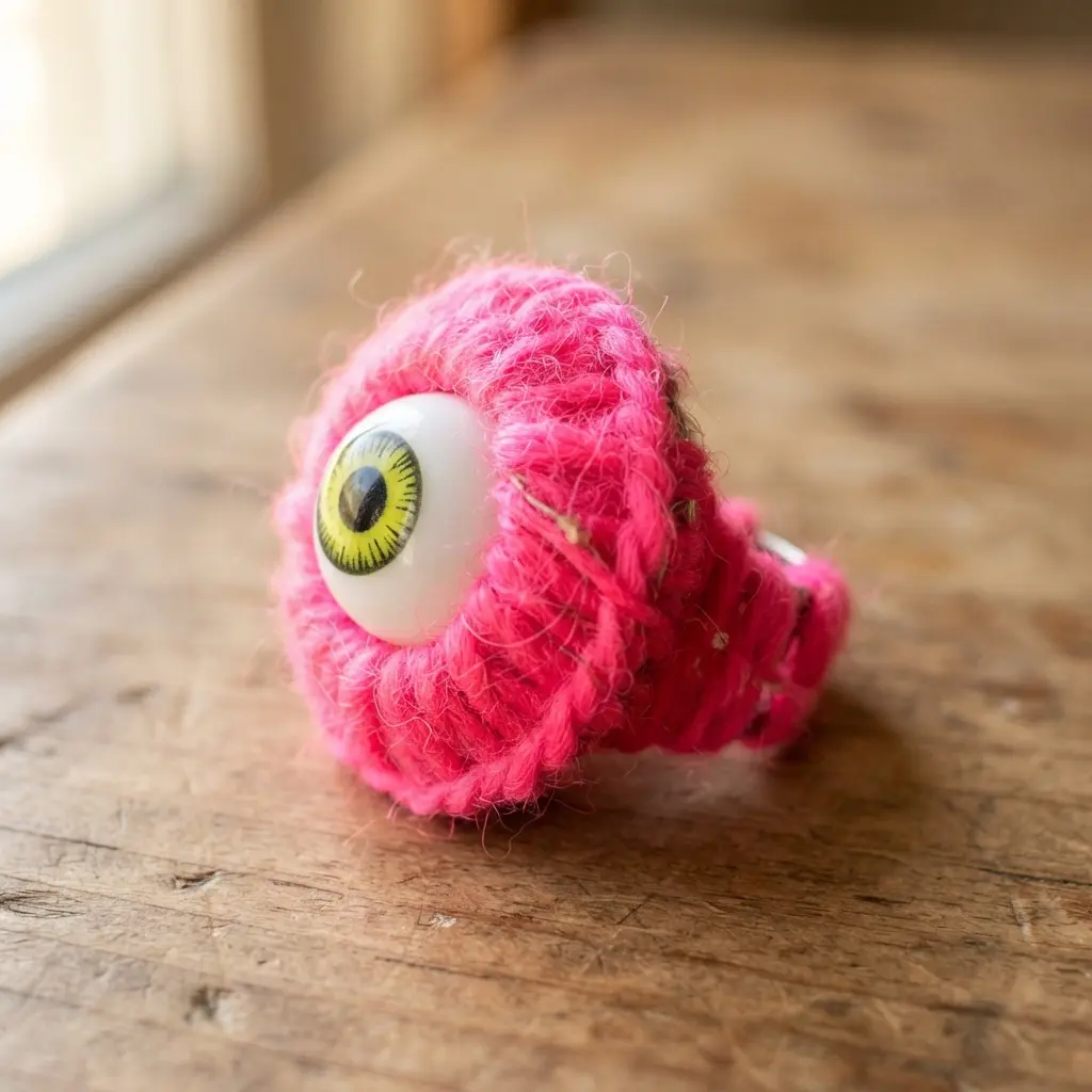 A stylized eyeball on a ring base completely covered in vibrant, wrapped neon pink yarn.