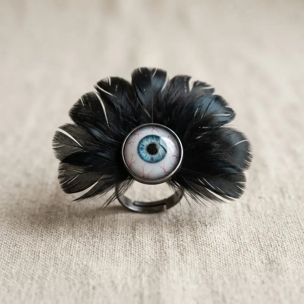 A glass eyeball pendant on a ring, encircled by a fan of dark, glossy black feathers.
