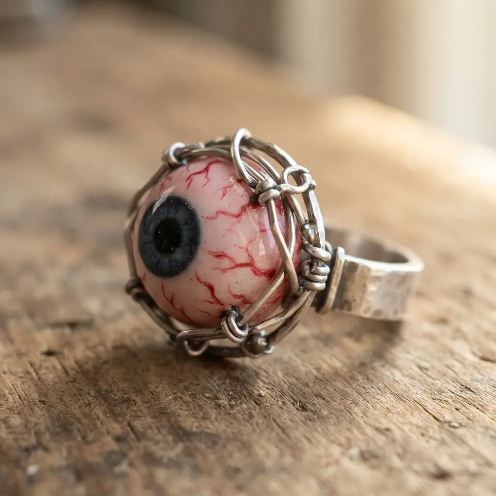 A bloodshot eyeball with detailed red veins, nestled within a cage of intricate silver filigree wire.