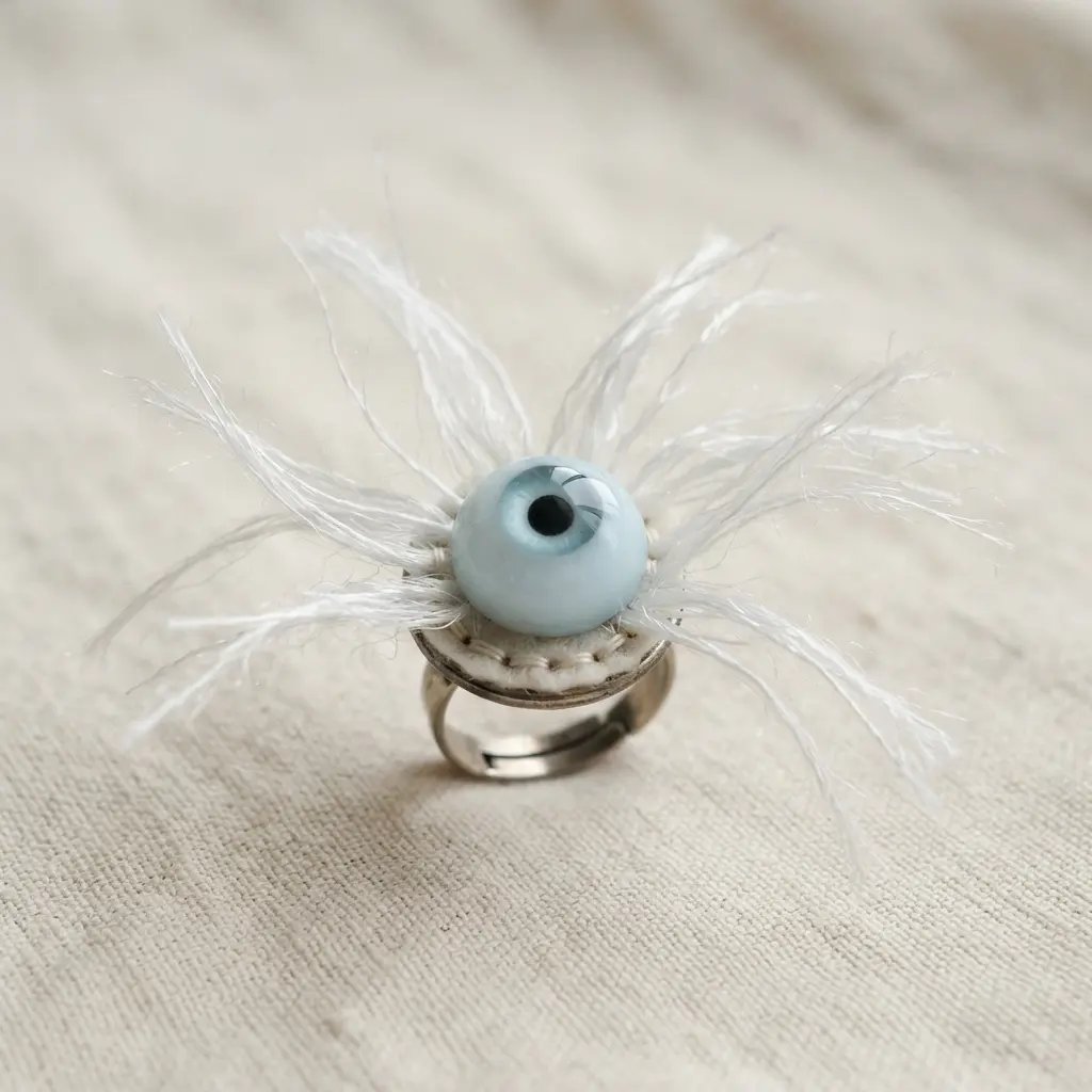 A pale, milky eyeball ring with long, thin white synthetic fibers radiating from its edges.