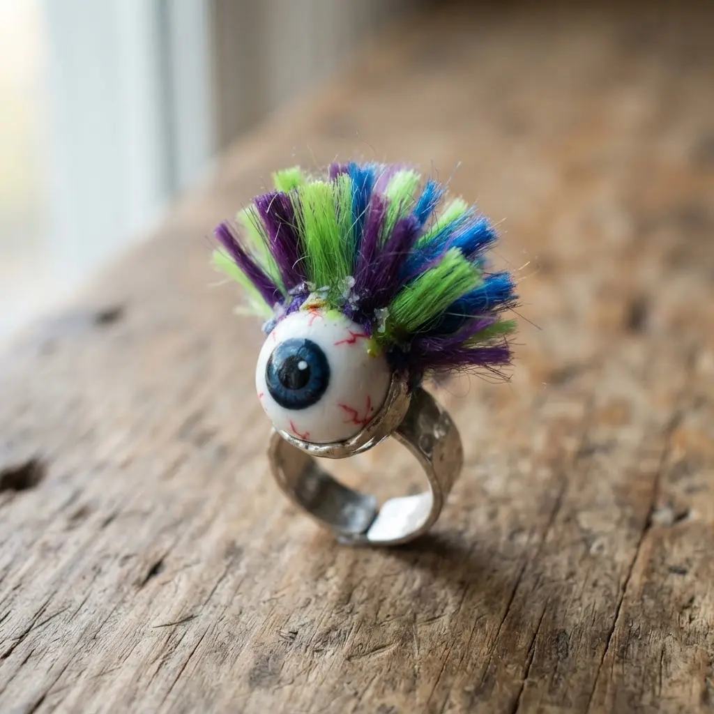 A cartoonish eyeball ring with short, stiff tufts of green, purple, and blue synthetic hair.