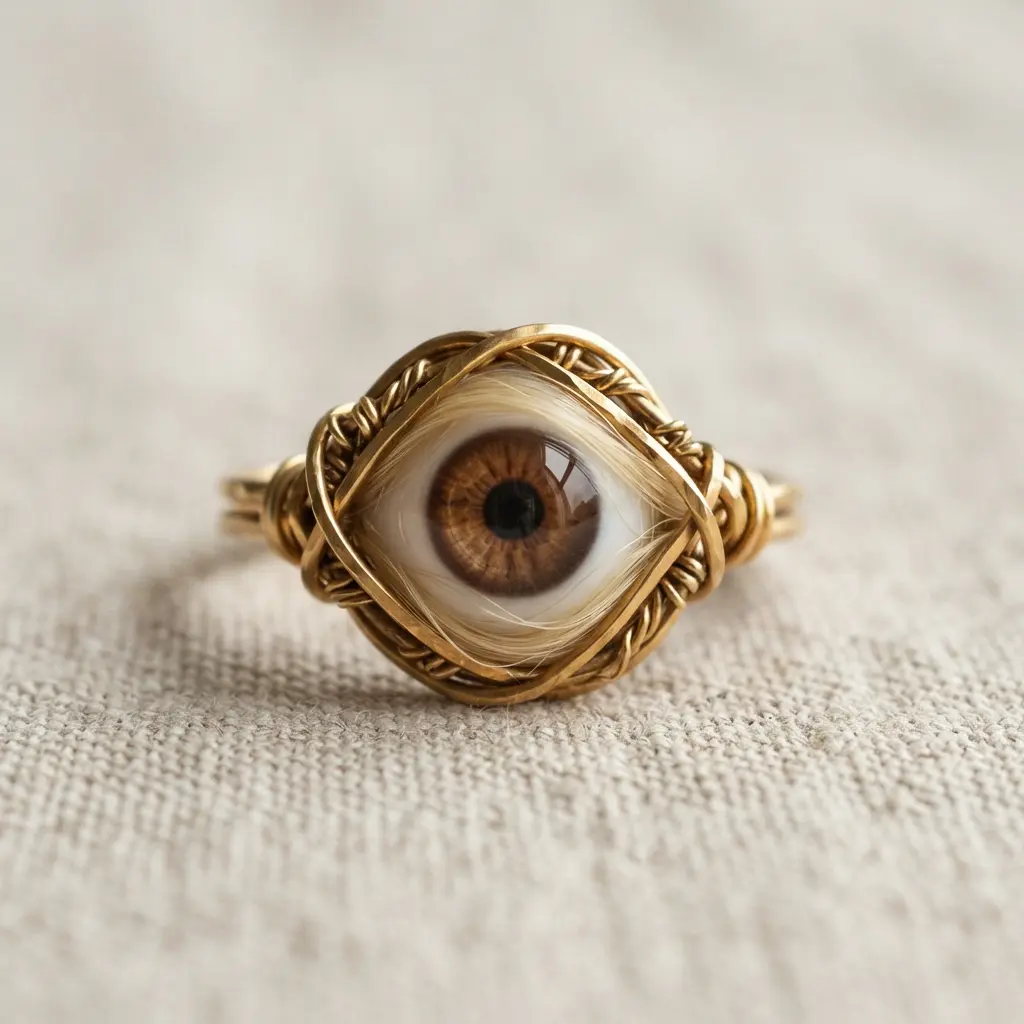 A realistic brown iris eyeball held by woven gold wire, with fine blonde hairs tucked into the setting.