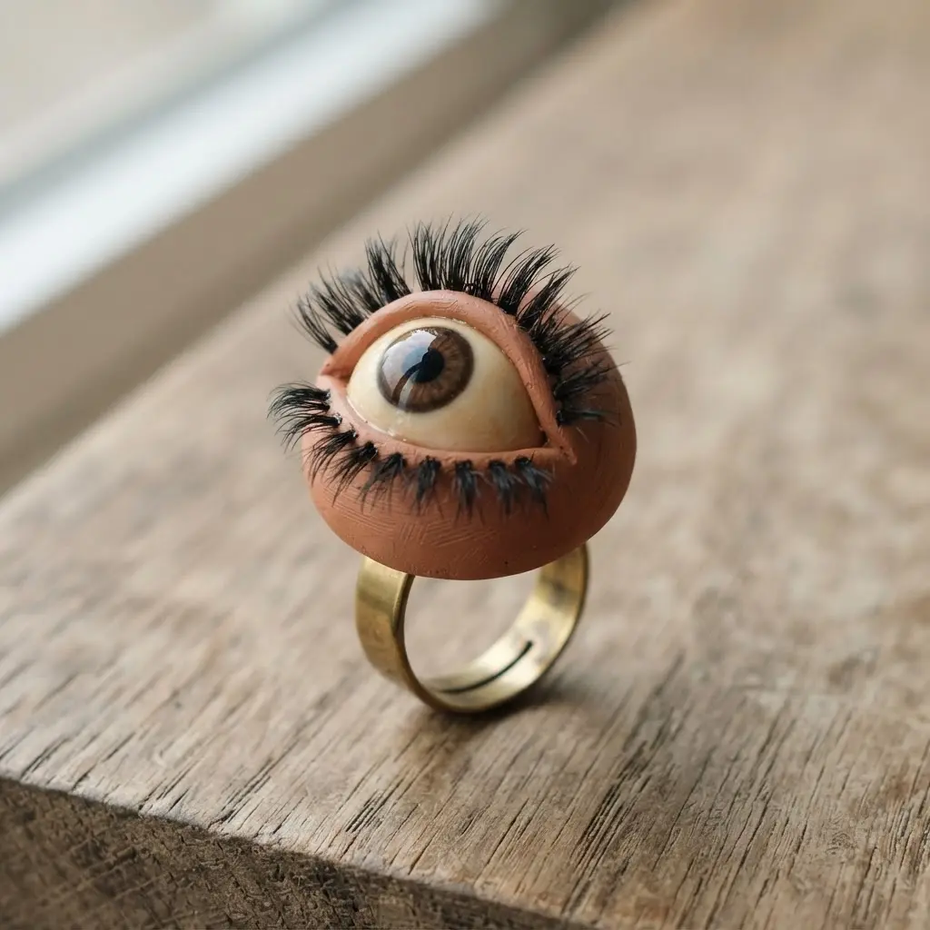 A matte-finish, hand-sculpted clay eyeball on a ring, with clusters of individual black faux eyelashes.