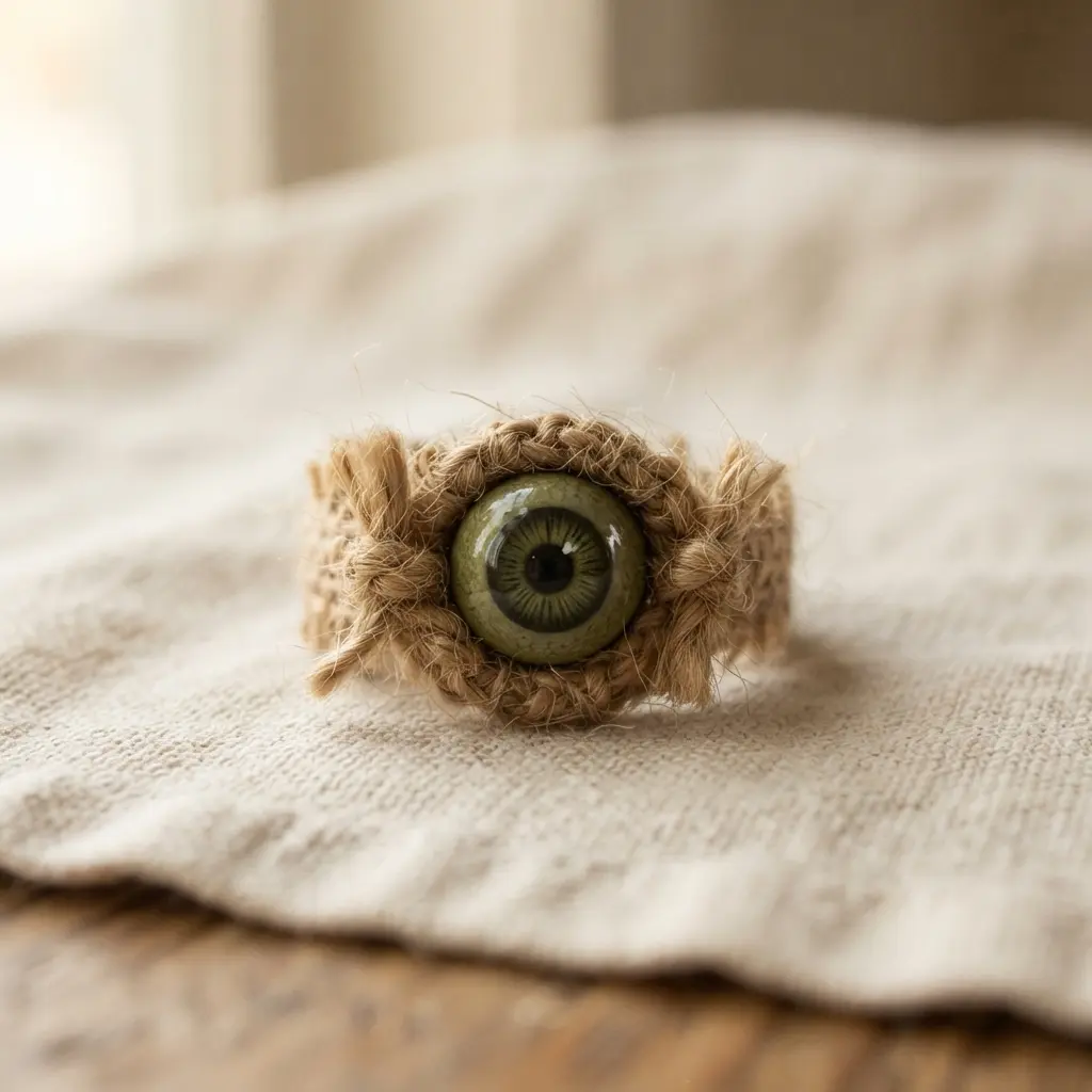 An eyeball set on a ring base wrapped with rough, frayed natural burlap strands.