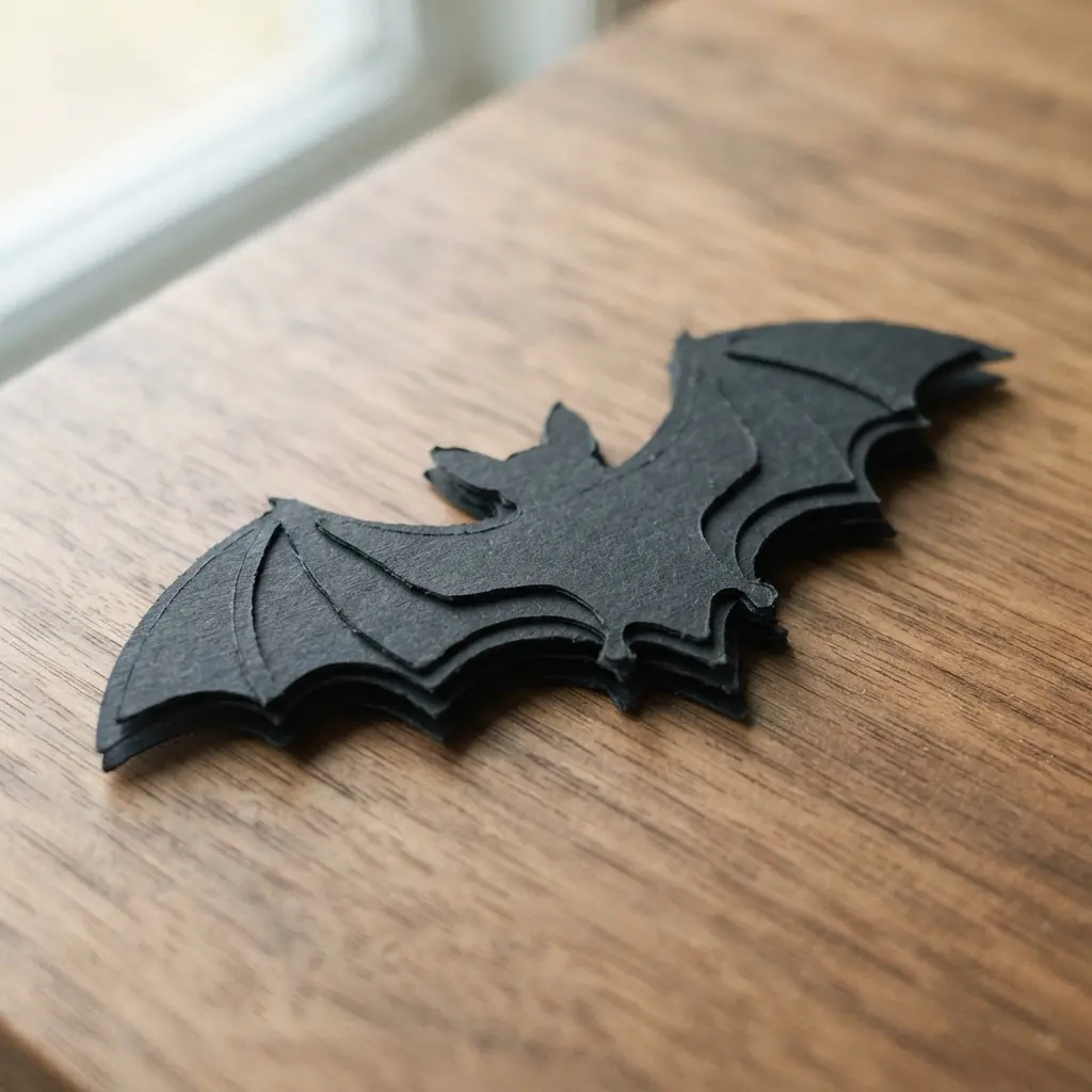 A Halloween bookmark featuring a detailed bat silhouette cut from layered black cardstock.