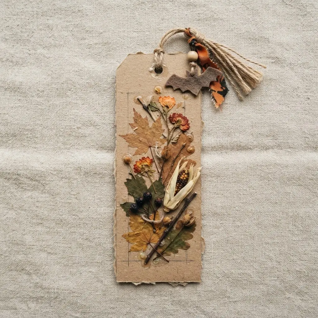 A natural Halloween bookmark featuring pressed dried flowers and herbs arranged on cardstock with handwritten spell symbols.