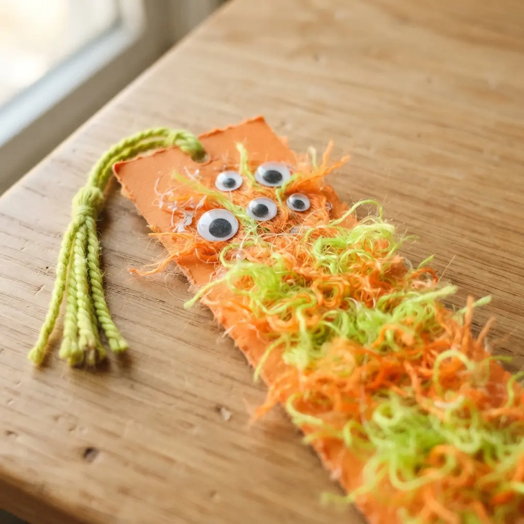 A whimsical monster bookmark made from cardstock, featuring multiple googly eyes and fuzzy yarn textures.