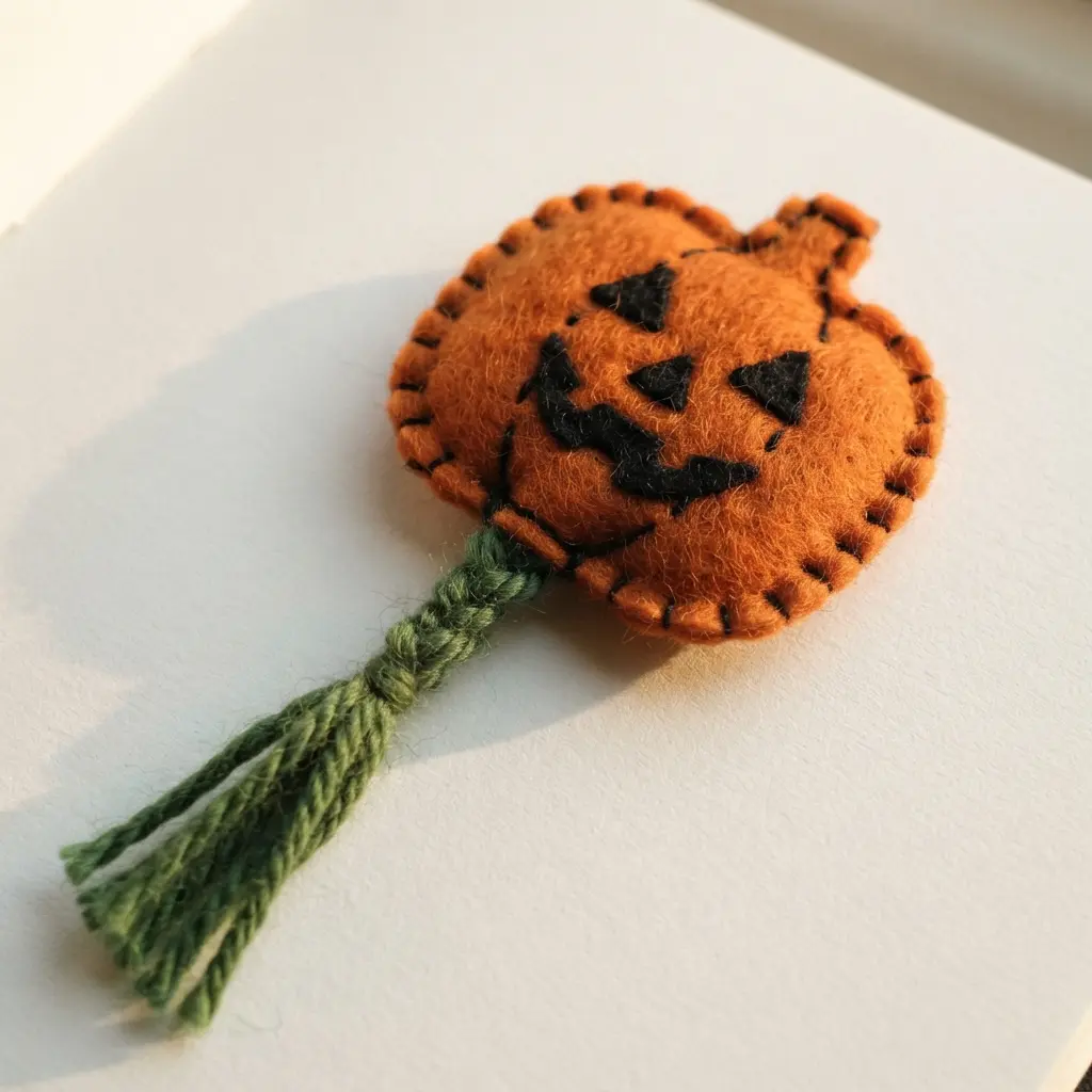 A cheerful jack-o'-lantern pumpkin bookmark crafted from orange felt, featuring a stitched face and a green yarn tassel.