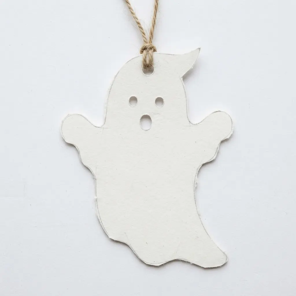 A minimalist white cardstock bookmark cut into the clean silhouette of a floating ghost.