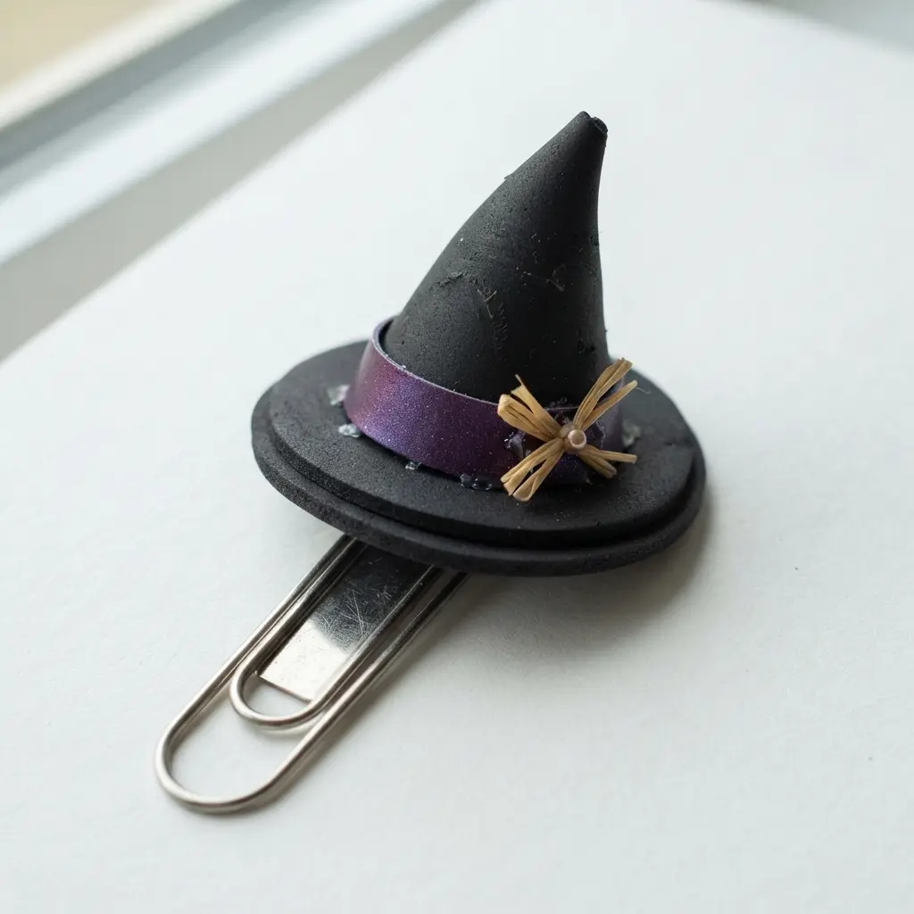 A functional bookmark made from a black paper clip adorned with a tiny purple and black witch hat.